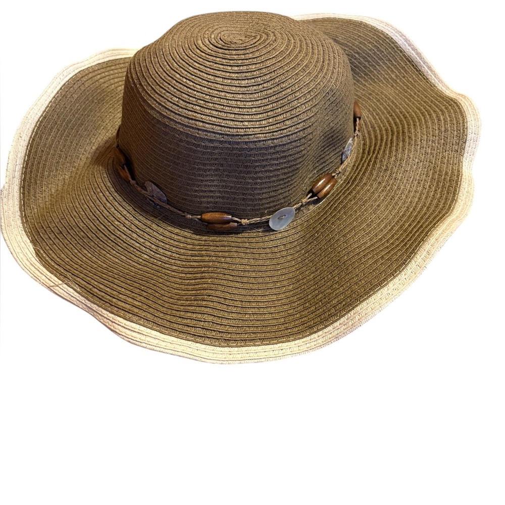 Woven straw sunhat with strap and wired edges, packable, bead & button band